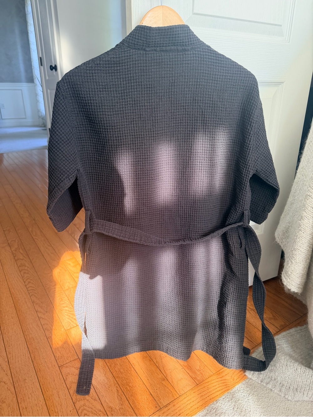 Black Waffle-Knit Open Front Robe